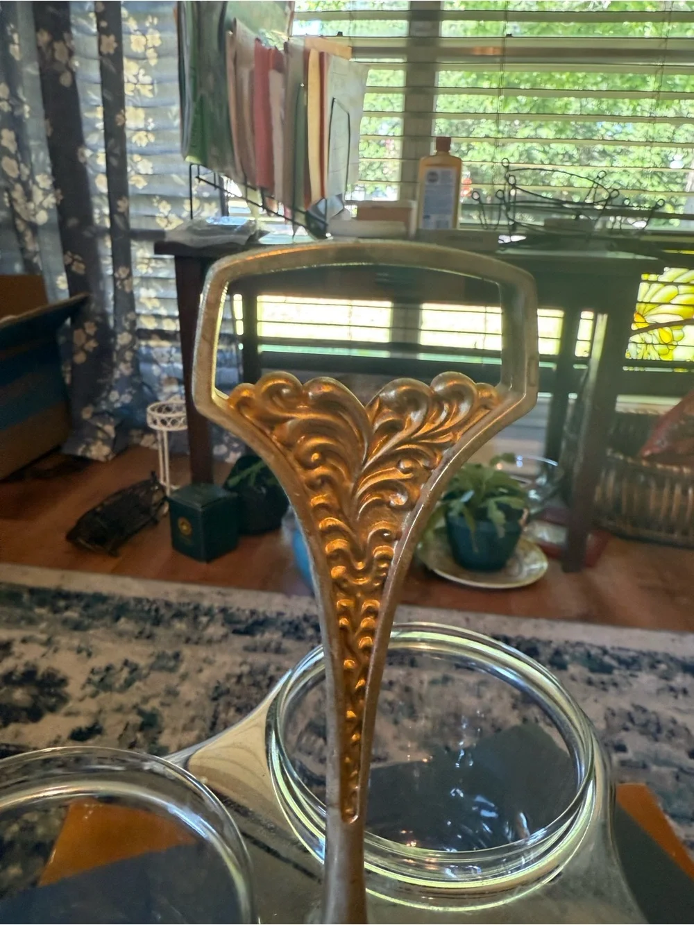 Vintage - MCM Kromex Glass Condiment Server - Gold Handle - chrome Stand